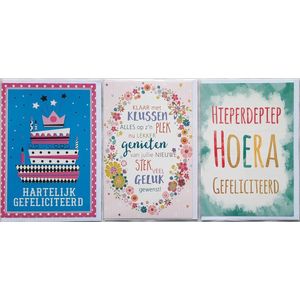 3 Wenskaarten - Nieuwe Woning – Klussen + Hartelijk Gefeliciteerd + Hieperdepiep Hoera - 12 x 17 cm – WON-302