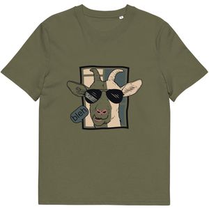 T Shirt Geit met Zonnebril Print en Tekst - Vrolijk Komisch Shirt Dames Heren - Dierenprint - Khaki Groen - S