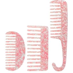 YUBBI Brede Haarkam Set - Grove Douche Kam - Wet Comb - Wide Tooth Comb - 3 Stuks - Roze