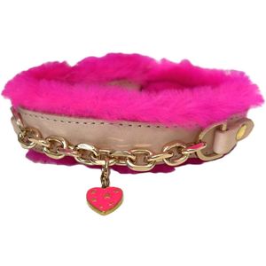 Cavlicious® honden halsband leer - met lamsvacht - hot pink - kleine hond - S