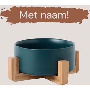 Voerbak keramiek met naam | Groen | 850 ml | Met bamboe houten standaard | Voor katten en honden