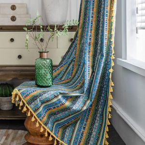 Gordijn 220 x 150 cm Boheems kleurrijk blauw katoenlinnen landelijke stijl verticale strepen ondoorzichtige gordijnen met beige kwastjes set van 2 macramé verduisteringsgordijnen voor de woonkamer