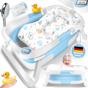 KIDIZ® Babybadje Opvouwbaar met Thermometer | Peuterbadje Ergonomisch, Rutschvrij, Met Zacht Badkussen en Afvoer | Babybad / Baby Bad Set Voor Baby's van 0-12 Maanden | Babybadset - Blauw