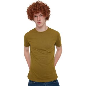 Trendyol Bruin Basic Heren Slim Fit Katoenen T-Shirt Met Korte Mouwen En Ronde Hals