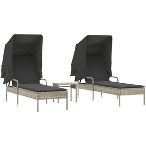 vidaXL Ligbedden 2 st met luifels en tafel poly rattan lichtgrijs - Ligbed - Ligbedden - Tuinstoel - Tuinmeubel