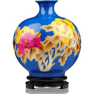 Fine Asianliving Chinese Vaas Porselein Handgemaakt Pioenrozen Blauw H29.5cm