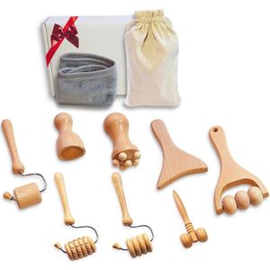Gezichtsmassageset met 8 Massageapparaten en Hoofdband - Houten Verstevigende Therapieset voor een Stralende Huid
