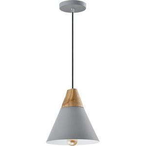 QUVIO Hanglamp Scandinavisch - Lampen - Plafondlamp - Verlichting - Keukenverlichting - Lamp - Kegellamp - E27 fitting - Voor binnen - Met 1 lichtpunt - Aluminium - Hout - D 22 cm - Grijs en lichtbruin
