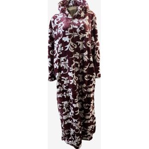 Dames Fleece Badjas extra lang 140CM met Ritssluiting en capuchon XXXL donkerrood/wit