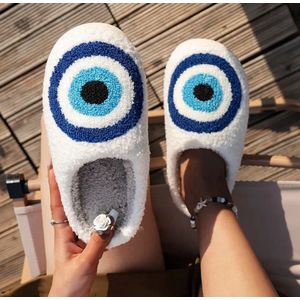 Nazar Pantoffels (Maat 39-40) - Geluksoog Slippers - Geluk oog Sloffen - Wit en Blauw - Turks Grieks oog - Open Pantoffels - Sloffen Dames - Pantoffels voor vrouwen