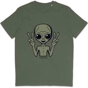 Grappig T Shirt Peace Alien - Heren en Dames - Khaki Groen - XS