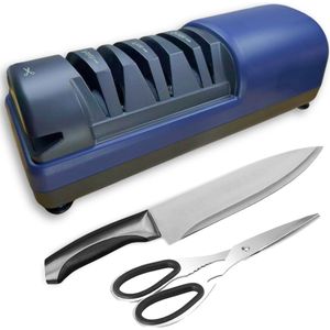 JT Products Elektrische Messenslijper - Donkerblauw - Electrische Messen Slijper - Scharenslijper - Knife Sharpener - Doortrekslijper - Aanzetstaal - Slijpsteen - 3 Verschillende Fases - Voor Professionele en Thuiskoks - Valentijnsdag - Cadeau Mannen