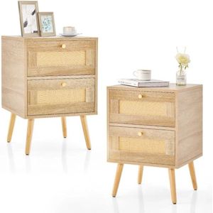FURNIBELLA-Set van 2 Rotan Nachtkastjes in Boho-Stijl – 2 Lades & Massief Houten Poten – Natuurlijk Design