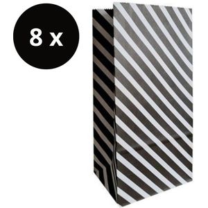 8 x Papieren XL Blokbodemzakjes | Traktatie Cadeau Grote Uitdeelzakjes | Zwart Wit Gestreept | Leuke Verpakking Cadeau | 14 x 8 x 26 cm