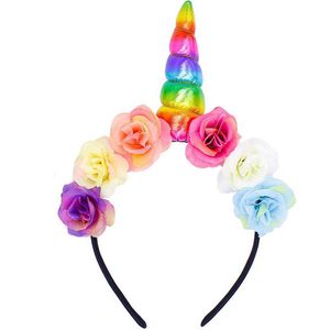 KIMU Bloemen Eenhoorn Haarband Regenboog - Unicorn Diadeem Gekleurde Hoorn - Bloemetjes Paars Roze Wit Blauw Festival