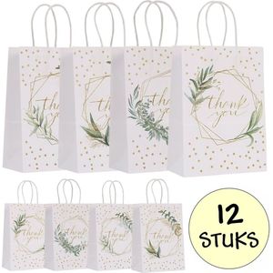 12x Papieren Uitdeeltasjes Thank You Wit - 15x8x21cm - Stevig Papier - Traktatie Zakjes - Papieren Tasjes - Cadeau Zakjes - Uitdeelzakjes - 4 Verschillende Motieven - Kraftpapier - 12 Stuks