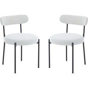 Merax Bouclé Eetkamerstoelen - Set van 2 - Moderne Ronde Gestoffeerde Stoelen - Geschikt voor Keuken - Woonkamer - Slaapkamer of Café - Wit