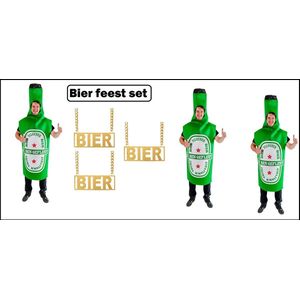 3x Bierfles outfit groen + bier ketting - bier fles bierfeest thema party carnaval apres ski oktoberfest vrijgezellen feest grappig en fout festivalpak
