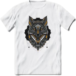 Vos - Dieren Mandala T-Shirt | Geel | Grappig Verjaardag Zentangle Dierenkop Cadeau Shirt | Dames - Heren - Unisex | Wildlife Tshirt Kleding Kado | - Wit - M