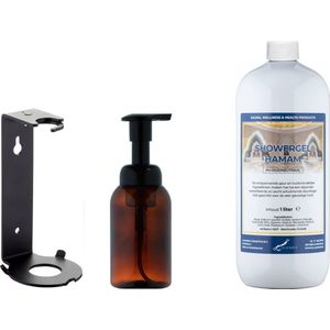Zeepdispenser 300 ml amber bruin hervulbaar + 1 liter Showergel Hamam navulling (inclusief beugel)