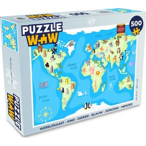 Puzzel Wereldkaart - Kind - Dieren - Blauw - Jongens - Meisjes - Legpuzzel - Puzzel 500 stukjes