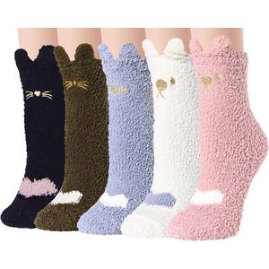 Dames Pluche Sokken, Comfortabele Zachte Pluizige Schattige Dieren Pantoffel Sokken, Slaap Warme Sokken, Kerstcadeau voor Meisjes - Winter Warm 5 Paar