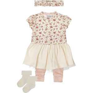 Dirkje - Noppies - Kledingset - Offwhite jurkje met roosjes met offwhite rokje - Zalmoze legging - haarbandje en 1 paar sokjes oatmeal met werkje - Maat 56