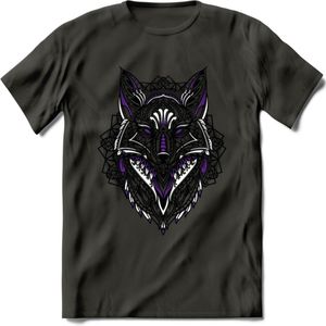 Vos - Dieren Mandala T-Shirt | Paars | Grappig Verjaardag Zentangle Dierenkop Cadeau Shirt | Dames - Heren - Unisex | Wildlife Tshirt Kleding Kado | - Donker Grijs - M