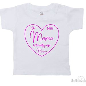 Soft Touch T-shirt Shirtje Korte mouw ""De liefste mama is toevallig mijn mama"" Unisex Katoen Wit/fluor pink Maat 62/68