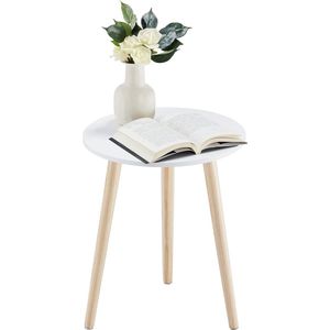 Bijzettafel, salontafel rond Ø 42 cm, hoogte 51 cm, salontafel met poten van massief hout, Scandinavische stijl, dessert bijzettafel hout voor woonkamer, slaapkamer, natuur/wit