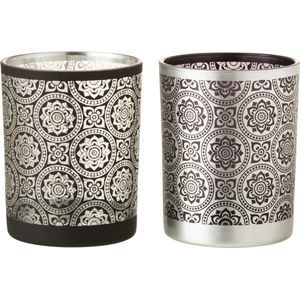 Set van 2Theelichthouders / Waxinelichtjeshouder / Windlicht - Zwart / Zilver / Grijs - 10 x 10 x 12 cm hoog (per stuk).