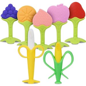 Zachte siliconen bijtringen voor baby's - 7 stuks, met tandenborstel en koelbijtring - BPA-vrij