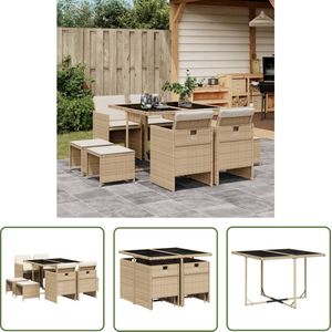 The Living Store 9-delige Tuinset met kussens poly rattan beige - Tuinset - Buitendecoratie - Lounge Set - Eetkamerset - Patio Furniture