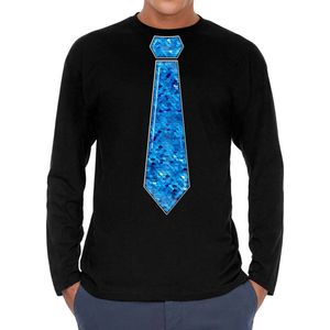 Bellatio Decorations Verkleed shirt heren - stropdas pailletten blauw - zwart - carnaval -longsleeve XXL
