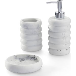 Navaris 3-delige badkamerset golvend marmer- Set van zeepdispenser, tandenborstelbeker en zeepbakje - Badkameraccessoires - Wit golvend marmer kleur