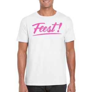 Bellatio Decorations Verkleed T-shirt voor heren - feest - wit - roze glitter - carnaval XL