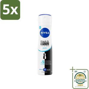 5 x NIVEA – Deodorant Spray – Black & White Invisible Pure – 150 ml - Grootverpakking - Deodorant Spray - Anti-Vlek - Onzichtbare Bescherming - 48 Uur Bescherming - Anti-Transpirant