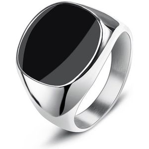 Zegelring heren zilver kleurig staal - Maat 21 / 68 - Ring mannen zilver - Zilver & zwart kleurig biker ringen mannen - Ring heren rvs staal