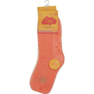 Fluffy huissokken dames - anti-slip sokken - Peach & licht peach kleur - snow embroidary - super zacht - maat 36/41