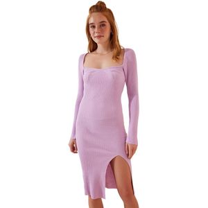 Happinessistanbul Babyblauwe Gebreide Damesjurk Met Vierkante Hals En Split As00017