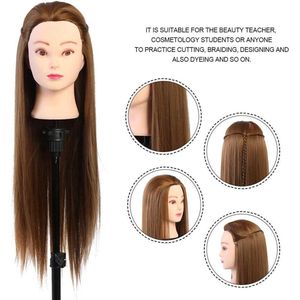 PolkaHome Plus - Oefenhoofd met Echt Haar 11 Gouden Bruine Vezelhaar Cosmetologie Oefenhoofd Training Hoofd Haarstyling Haarknippen Praktijktraining Poppenhoofd met Klemhouder (Zonder Standaard)