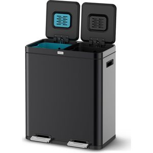 Deleca - Recycle Prullenbak - Zwart - 60 Liter (2x30) - Afvalbak met 2 Vakken - Vuilnisbak met FreshAura Geurbestrijding