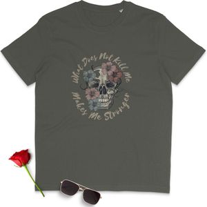 Dames T Shirt - Bloemen Doodshoofd en Tekst - Groen Khaki - Maat XL