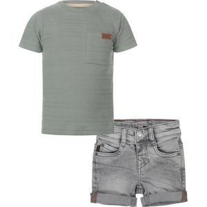 Koko Noko - Kledingset - 2delig - Short Jeans grijs - Shirt Dusty Green - Maat 122