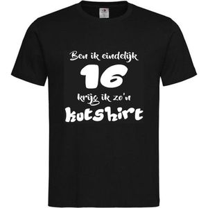T-shirt Unisex Volwassenen Lol - carnaval - kermis - feestje - grappig - verjaardag Tekst ""Ben ik eindelijk 16 krijg ik zo'n kutshirt"" Op Voorkant | korte mouw | Zwart/wit | maat XXL