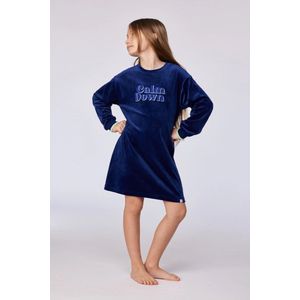 Woody slaapkleed meisjes/dames velours - donkerblauw - 'Calm down' - 252-10-YDE-V/897 - maat 176