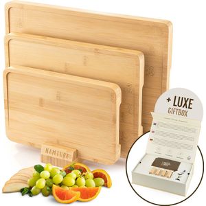 Namture Snijplankenset met Houder - 3 Snijplanken - Uniek & Extra Dik Design - Premium Snijplank Bamboe - Antislip - Borrelplank - Tapasplank - Serveerplank - Kaasplank