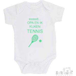 100% katoenen Romper ""ssssstt... Opa en ik kijken tennis"" Unisex Katoen Wit/mint Maat 62/68