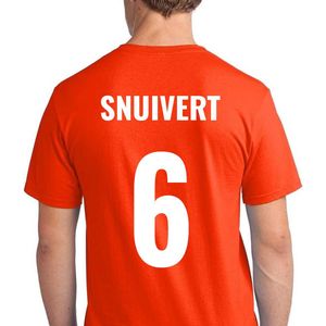Oranje voetbal EK/WK-shirt met rugtekst Snuivert + NL Leeuw op borst (wit) | Maat S | Oranje EK/WK-shirt Heren - Oranje EK/WK-shirt Dames - Grappig Oranje shirt