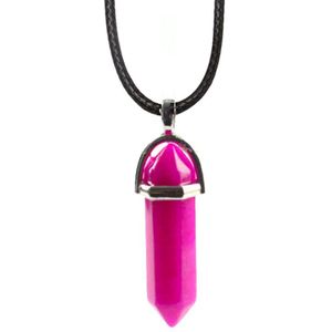 Bixorp Gems Roze Botswana Agaat Hanger aan Faux Leren Koord - Edelsteen Ketting - Edelstenen Staafje met Stainless Steel - 45/50cm Damesketting